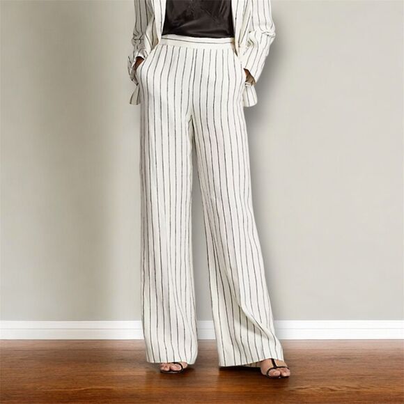 Ralph Lauren Petite 10 Ivory Striped 100% Linen Straight Pants Minimalist Office - Picture 1 of 9